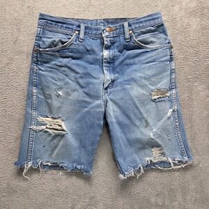 Wrangler Shorts Mens 33 Blue Cutoffs Dad Jorts Ripped Grunge Faded Denim